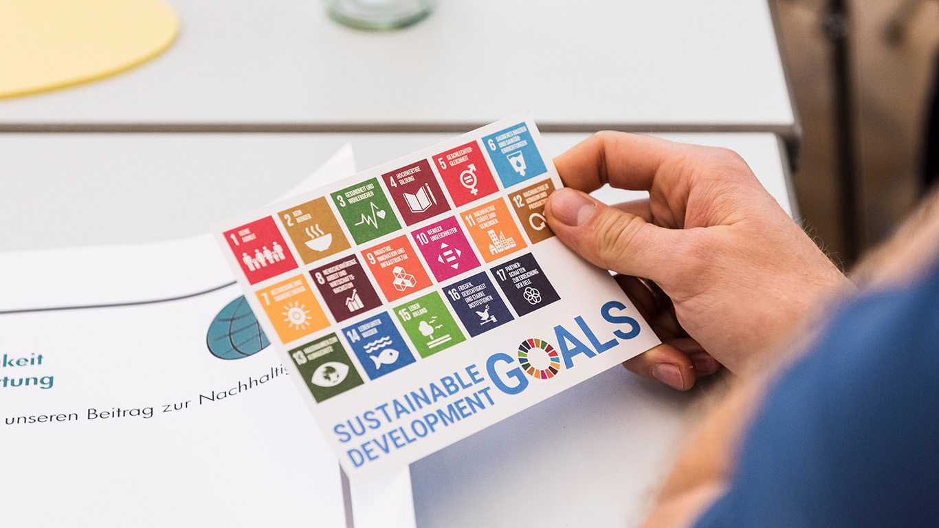 Eine Person hält eine Postkarte in der Hand, auf der die 17 Sustainable Development Goals zu sehen sind.